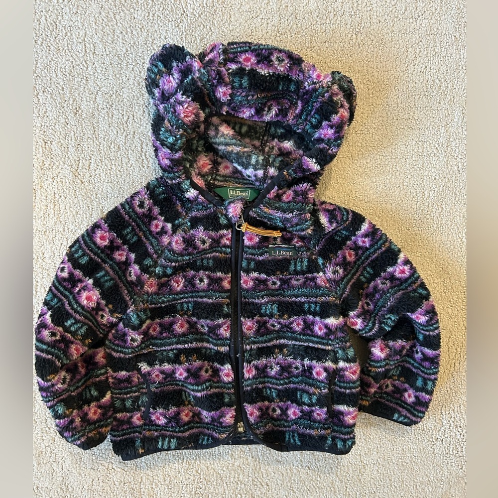 LL bean toddle girl printed Sherpa hoodie with ears 12-18 months
